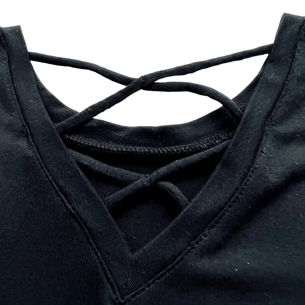 Old Navy Luxe Top Short Sleeve Lattice Back‎ Black Jack Girl’s XS